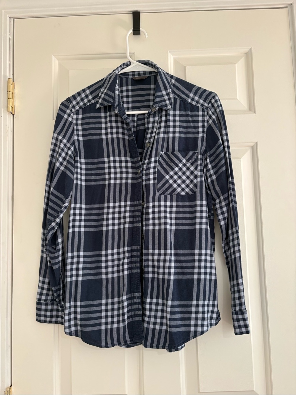 Eddie Bauer Navy and White Plaid Button-Down Shirt